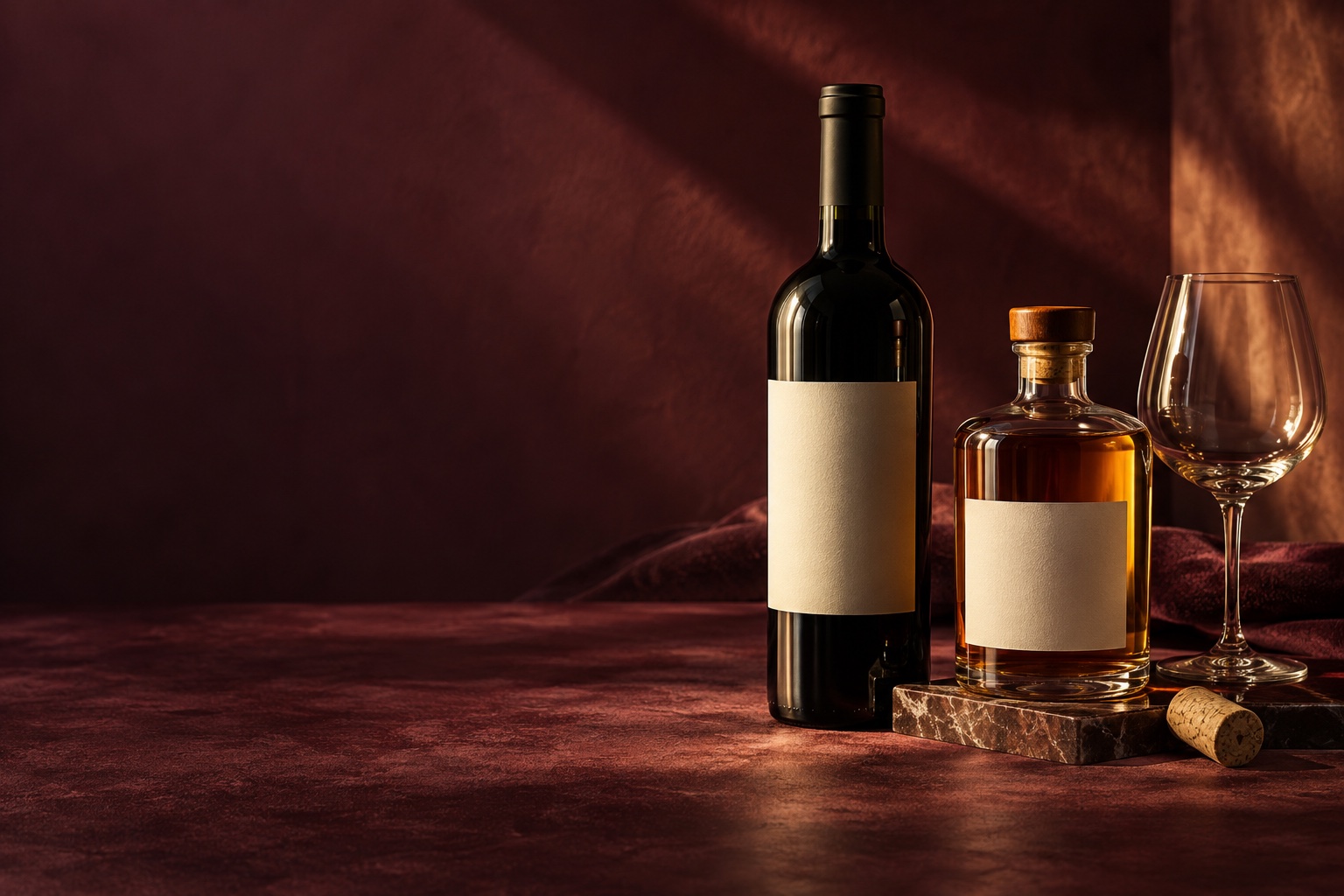 Illustrative still life of unbranded wine and spirits bottles with a glass on a burgundy surface